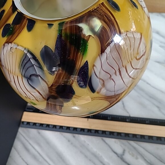 Vintage Murano Style Round Hand Blown Glass Vase Yellow Cobalt - Picture 9 of 9